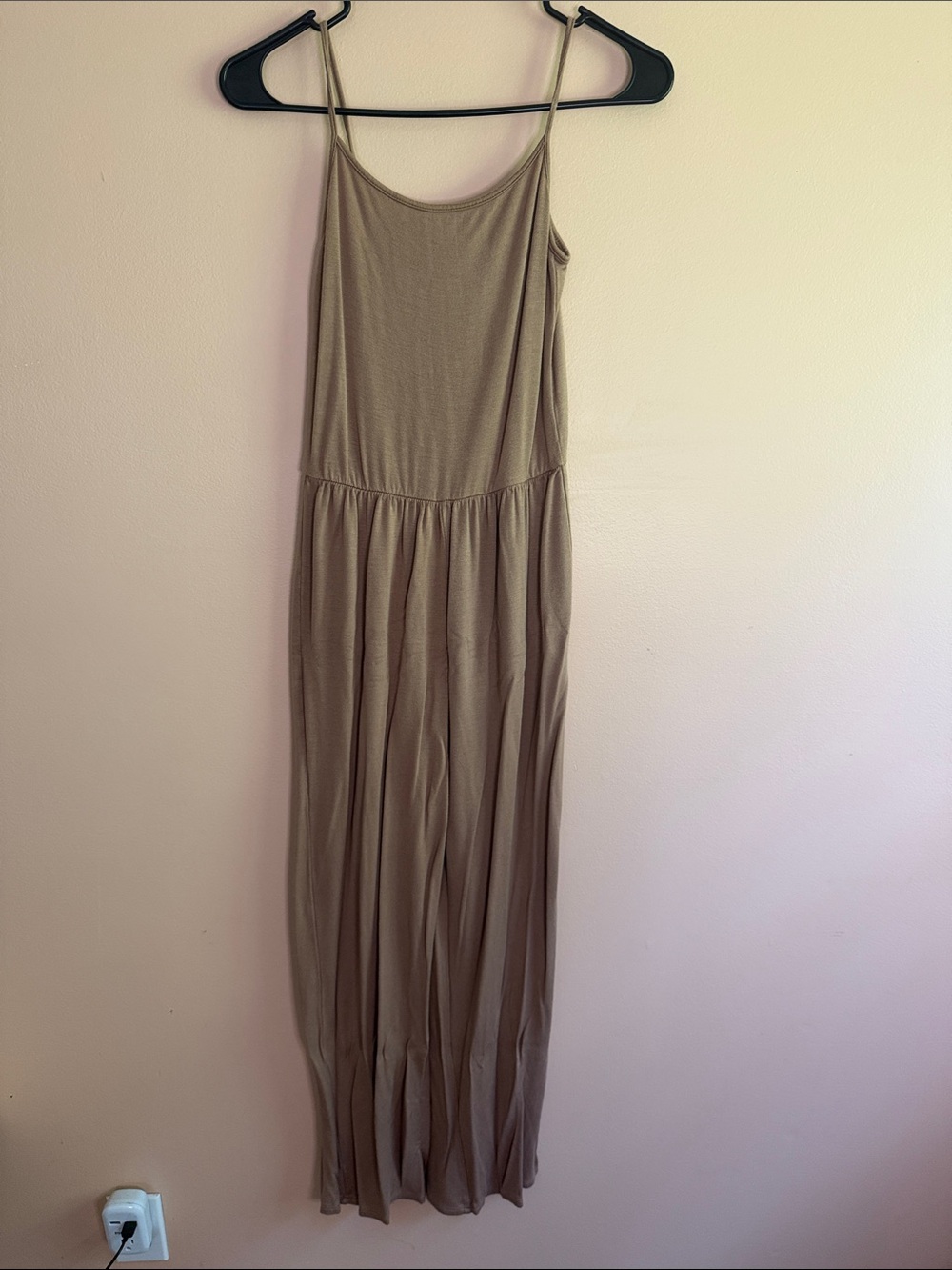 Sleeveless Spaghetti-Strap Maxi Jumpsuit in Taupe